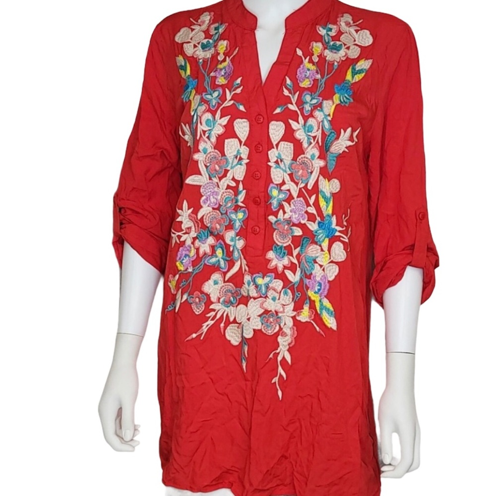 Vibrant Red Floral Embroidered Swim Coverup - Picture 2 of 7